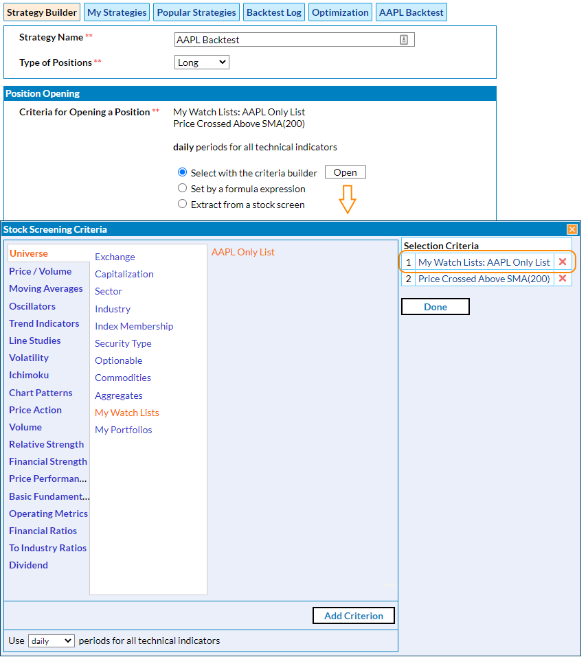 setup backtest trading strategy to run on a custom stock list