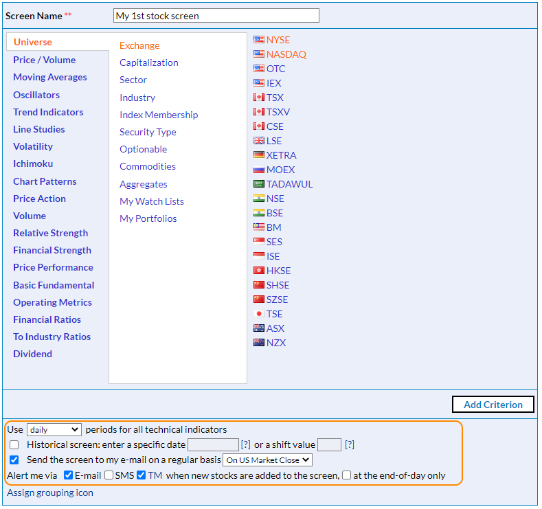 stock screener parameters