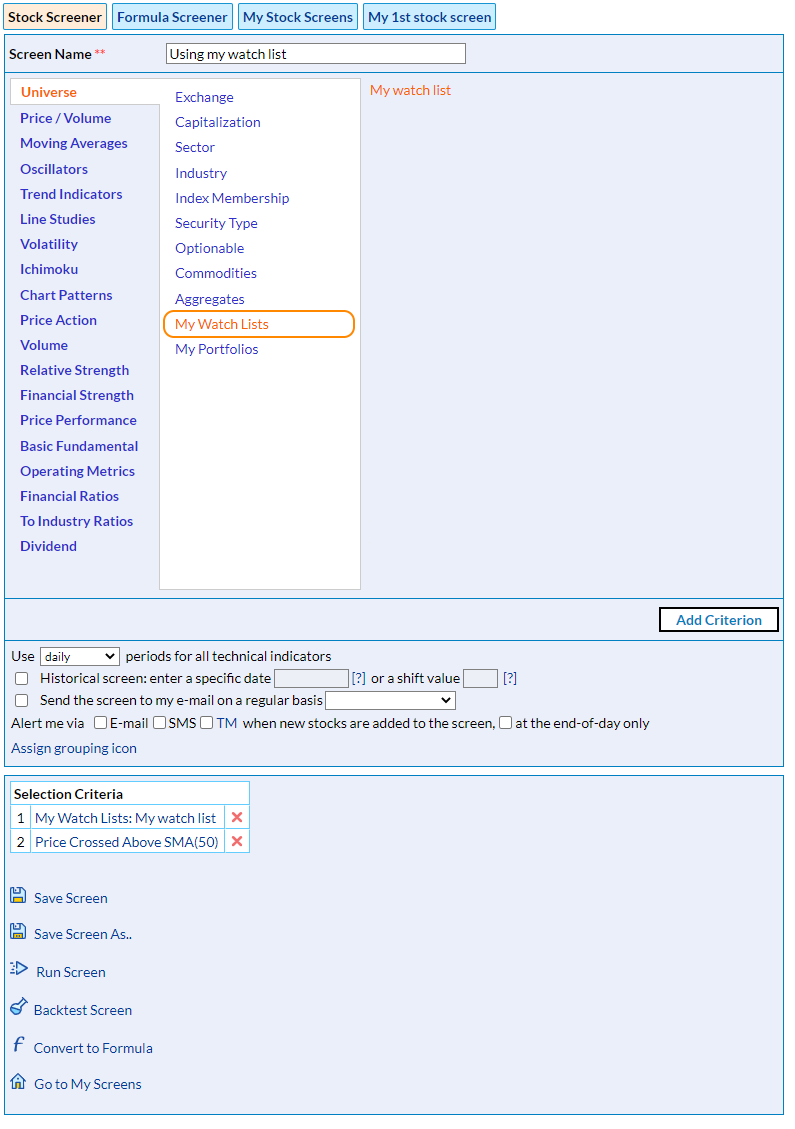 using the stock list