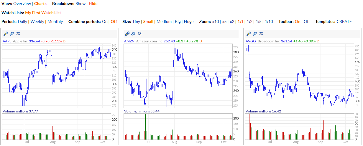 Watch list Charts view with a chart for every stock
