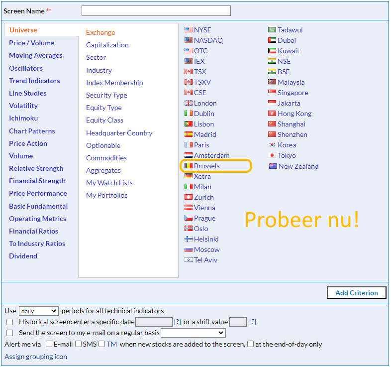 How to use Euronext Brussels stock screener