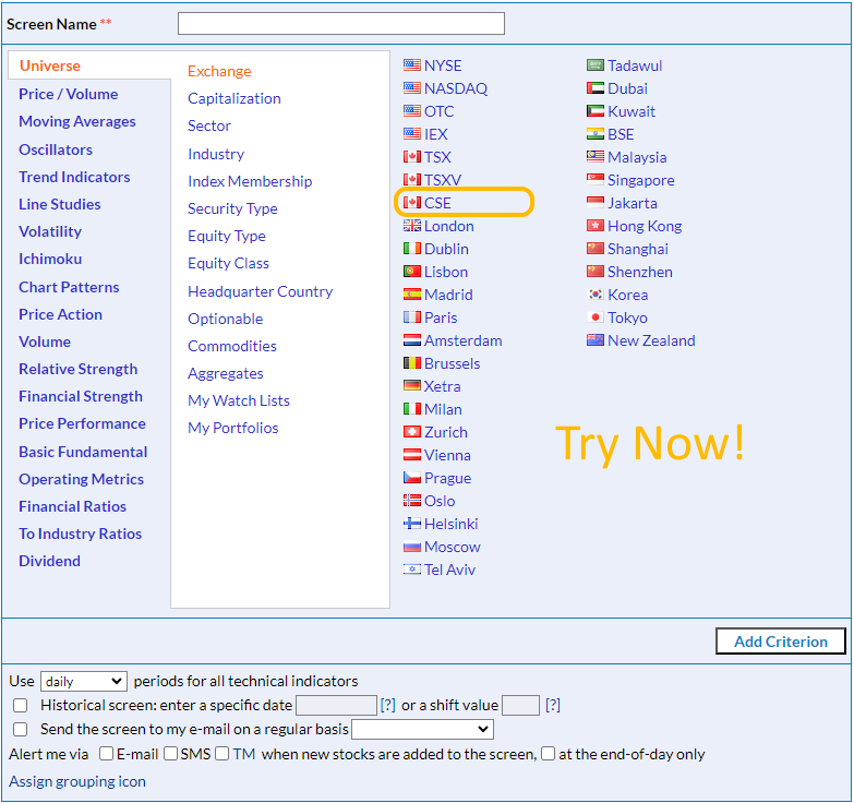 How to use CSE stock screener