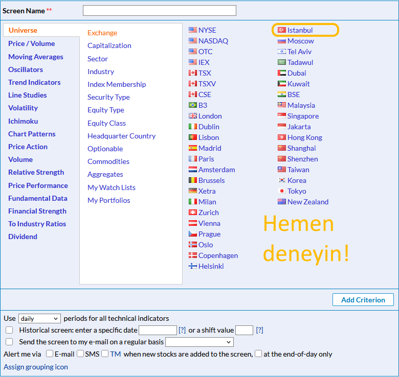 How to use Istanbul stock screener