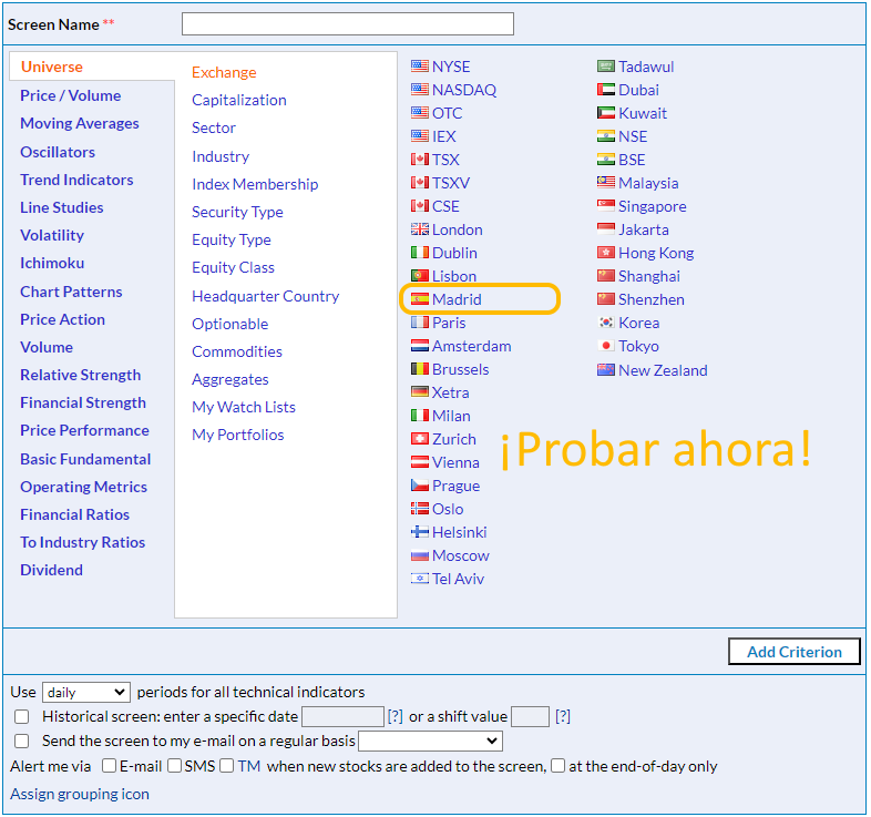 How to use Madrid Exchange stock screener