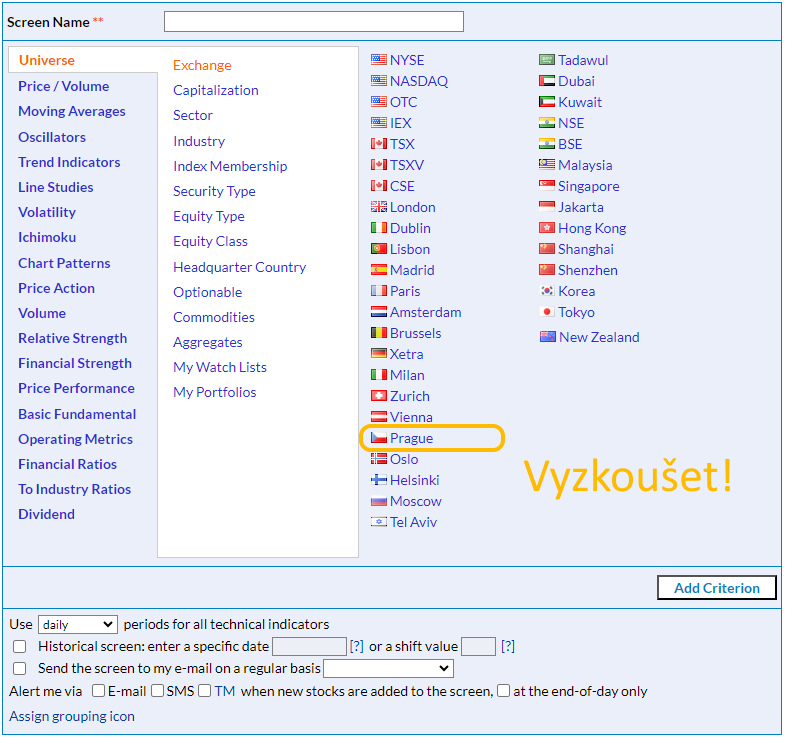 How to use Prague Stock Exchange Stock Screener