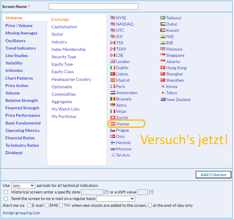 How to use Vienna Stock Exchange Stock Screener